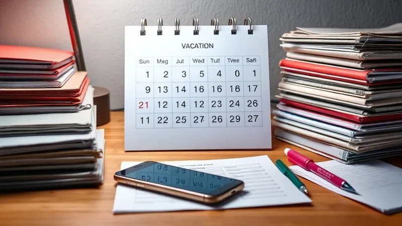 A photorealistic image of a highly organized desk calendar with vacation dates highlighted, surrounded by neatly stacked project folders, a checklist, and a smartphone clearly placed face down, symbolizing preparation for disconnection. Professional photography, 8K, cinematic lighting, sharp focus, depth of field.