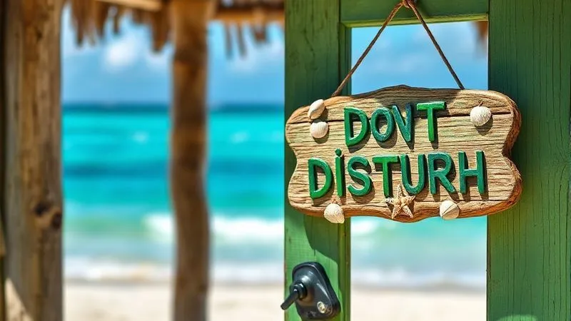 A photorealistic image of a vibrant green 'DO NOT DISTURB' sign made of natural materials like driftwood and seashells, hanging on a rustic beach hut door, with the clear blue ocean and white sand blurred in the background. Professional photography, 8K, cinematic lighting, sharp focus, depth of field.