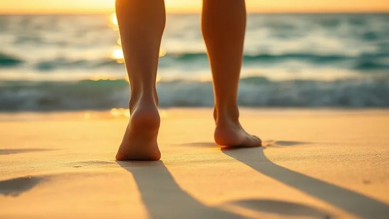 A photorealistic image from a low angle, showing bare feet walking slowly on pristine white sand towards the gentle waves of a turquoise ocean at sunset. The light is golden and warm, casting long shadows. Sharp focus on the feet and sand, depth of field blurring the horizon. Professional photography, 8K, cinematic lighting, emotionally resonant, evoking peace and presence.