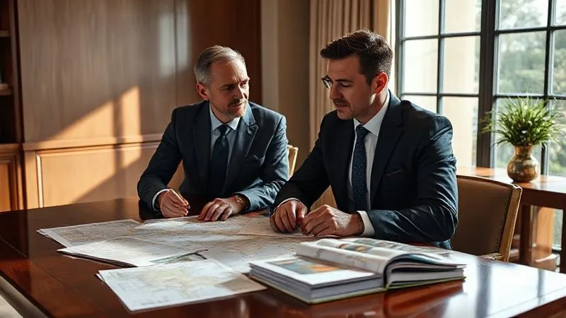 A sophisticated client having a detailed conversation with a luxury travel consultant, maps and elegant brochures spread out on a polished wooden desk, both individuals deeply engaged in thought, natural light streaming through a large window, photorealistic, professional photography, 8K, cinematic lighting, sharp focus, depth of field, shot on a high-end DSLR.