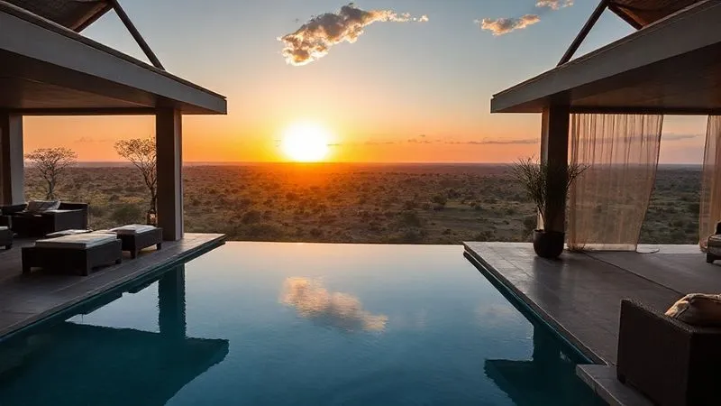 An incredibly secluded, architecturally stunning luxury safari lodge suite with panoramic views of the African savanna at sunrise, featuring a private infinity plunge pool, a comfortable outdoor lounge area, and subtle, elegant decor that blends with the natural surroundings, photorealistic, professional photography, 8K, cinematic lighting, sharp focus, depth of field, shot on a high-end DSLR.