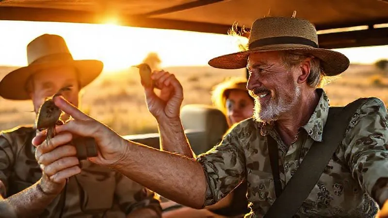 A highly experienced private safari guide, with a warm and knowledgeable expression, binoculars in hand, pointing out a rare bird to a small group of discerning clients in a luxury open-top safari vehicle. The scene is set at golden hour, with soft, directional light illuminating the guide's face and the excited clients, photorealistic, professional photography, 8K, cinematic lighting, sharp focus, depth of field, shot on a high-end DSLR.