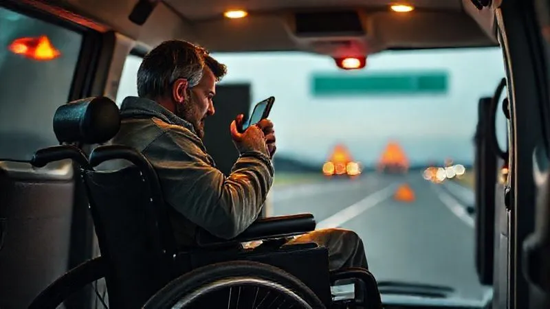 A photorealistic, professional photography, 8K, cinematic lighting, sharp focus, depth of field, shot on a high-end DSLR image of a person in a wheelchair calmly using their phone to call for help from inside their accessible van on a highway shoulder, hazard lights flashing, reflective triangles visible behind the vehicle, emphasizing clear communication and safety.