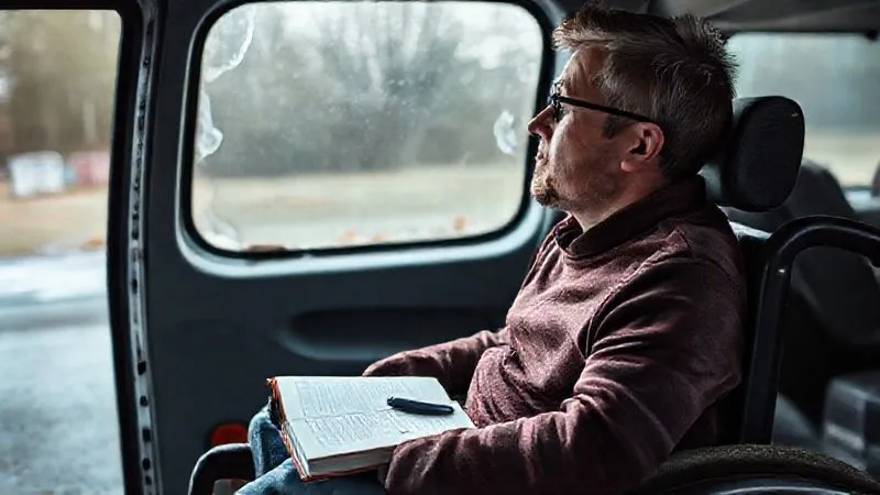 A photorealistic, professional photography, 8K, cinematic lighting, sharp focus, depth of field, shot on a high-end DSLR image of a person in a wheelchair taking a calm, deep breath, looking out a window of their broken-down accessible van, with a journal and pen on their lap, symbolizing composure and documentation during a stressful situation.