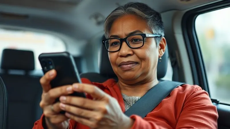 Photorealistic, professional photography, 8K, cinematic lighting, sharp focus, depth of field, shot on a high-end DSLR. A person with a disability, appearing calm but focused, is holding a smartphone, clearly making an emergency call. The background is a slightly blurred interior of an accessible vehicle or a hotel lobby, suggesting they are on a trip. The lighting emphasizes the person's composed expression, conveying a sense of control despite the situation.
