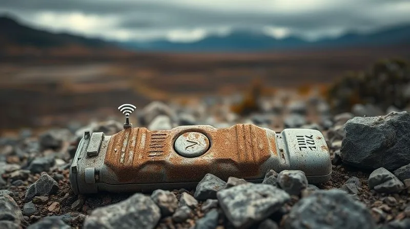 A photorealistic, professional photography, 8K, cinematic lighting, sharp focus, depth of field shot on a high-end DSLR of a damaged, mud-splattered satellite phone lying on rocky ground in a remote wilderness, surrounded by a faint, unreliable signal icon. The background is blurred, suggesting a vast, isolated landscape.
