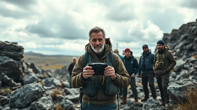 A photorealistic, professional photography, 8K, cinematic lighting, sharp focus, depth of field shot on a high-end DSLR of an expedition leader, calm and focused, with a concerned but attentive team gathered around them in a rugged, remote landscape. The leader is holding a non-functional comms device, but their demeanor conveys control and a clear plan. Dramatic, natural light.
