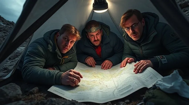 A photorealistic, professional photography, 8K, cinematic lighting, sharp focus, depth of field shot on a high-end DSLR of an expedition team huddled together in a tent or around a map in a remote, rugged environment. Their faces show determination and collaboration, despite the challenging circumstances, conveying a sense of shared purpose and resilience. Soft, warm light from a headlamp illuminates their faces.