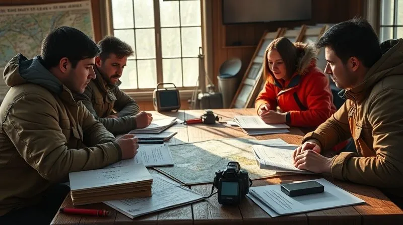 A photorealistic, professional photography, 8K, cinematic lighting, sharp focus, depth of field shot on a high-end DSLR of an expedition team gathered around a table in a debriefing session, reviewing maps and communication logs. The atmosphere is reflective and analytical, with a sense of learning and improvement. Soft, natural light.