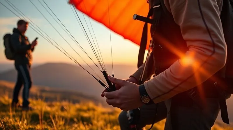 Photorealistic image of a person meticulously checking their paragliding equipment on a grassy hill, with a certified instructor providing guidance in the background. The sun is setting, casting warm, cinematic light. Sharp focus on the gear and the person's hands, depth of field blurring the distant mountain landscape, 8K hyper-detailed.