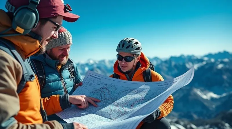 Photorealistic image of a small team of mountain climbers huddled together, studying a detailed topographical map and discussing a route, with a clear blue sky and rugged peaks in the background. One climber points to a specific feature on the map, emphasizing communication and planning. Cinematic lighting, sharp focus on the map and faces, depth of field blurring the distant landscape, 8K hyper-detailed.