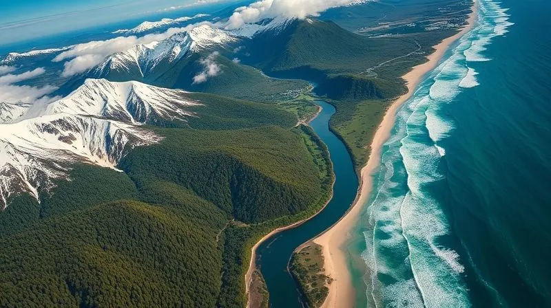 Photorealistic, professional photography, 8K, cinematic lighting, sharp focus, depth of field, shot on a high-end DSLR, a vibrant aerial shot of diverse landscapes blending seamlessly: snow-capped mountains meeting lush green forests, which then transition into a winding river and eventually a pristine coastline with crashing waves. The image captures the immense variety of environments suitable for different extreme sports, symbolizing global adventure opportunities.