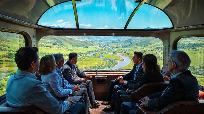 A photorealistic image of a group of diverse executives in a spacious, elegantly appointed private train car, engaged in a lively discussion. Large panoramic windows showcase a stunning, vibrant green valley with a winding river under a clear blue sky. Professional photography, 8K, cinematic lighting, sharp focus on the executives, depth of field blurring the distant landscape. Shot on a high-end DSLR.