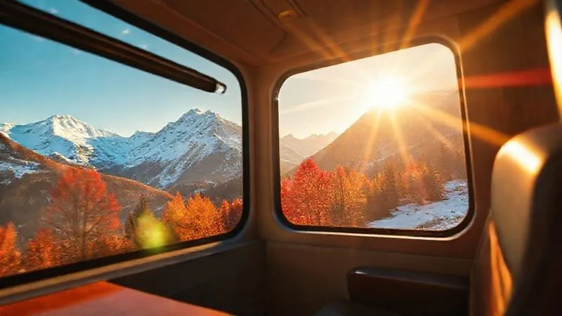 A photorealistic image from inside a luxury train, looking out a large, clean window at a breathtaking view of the Swiss Alps in autumn. Golden sunlight illuminates snow-capped peaks, vibrant red and orange trees, and a clear blue sky. The interior shows a glimpse of a plush leather seat and a polished wooden table. Professional photography, 8K, cinematic lighting, sharp focus on the mountain range, depth of field blurring the immediate window frame. Shot on a high-end DSLR.