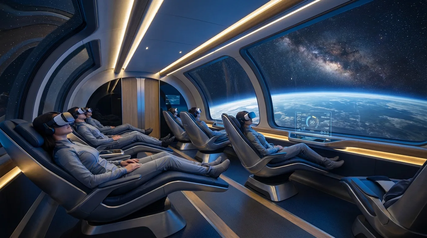 Future space tourism experience with passengers using virtual reality to adapt to zero-gravity conditions.
