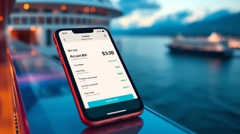 A photorealistic image of a sleek smartphone screen displaying a high Wi-Fi bill on a luxury cruise ship's account interface, with a blurred backdrop of a calm ocean and a distant port city, cinematic lighting, 8K hyper-detailed.