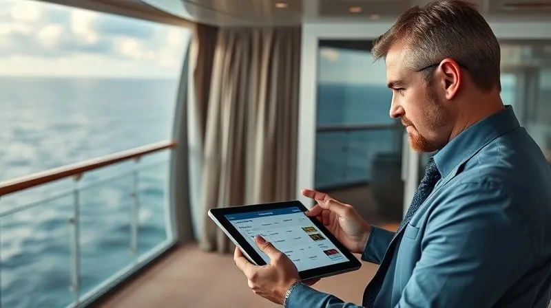 A photorealistic image of a professional checking their cruise ship account balance on a tablet, with a digital interface showing various expenses, against a backdrop of a luxurious stateroom balcony and the open sea, cinematic lighting, 8K hyper-detailed.