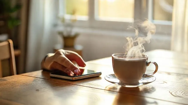 A photorealistic, professional photography, 8K, cinematic lighting, sharp focus, depth of field, shot on a high-end DSLR, depicting a person gently placing a smartphone face down on a wooden table next to a steaming cup of tea, with soft morning light streaming through a window. The background shows a peaceful, uncluttered living space, symbolizing mindful disconnection and a digital detox.