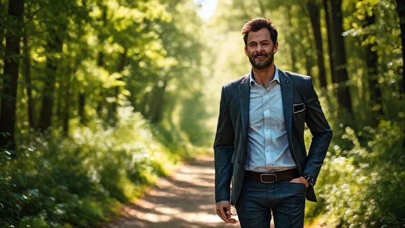 A photorealistic, professional photography, 8K, cinematic lighting, sharp focus, depth of field, shot on a high-end DSLR, depicting a professional in business casual attire taking a mindful walk through a sun-dappled forest path during a break. Their expression is serene, and a blurred smartphone is visible in their pocket, symbolizing a temporary disconnect from work, with lush greenery surrounding them.