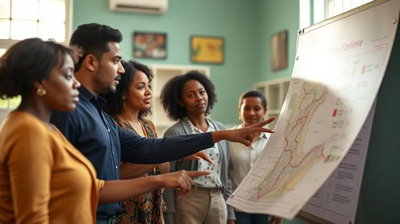 photorealistic, professional photography, 8K, cinematic lighting, sharp focus, depth of field, shot on a high-end DSLR, a diverse group of local community leaders and a skilled volunteer (mid-30s, professional attire) in a vibrant, sunlit community center, engaged in an animated discussion around a large map or whiteboard, pointing to areas of concern and opportunity, symbolizing collaborative needs assessment and local ownership, not external imposition.