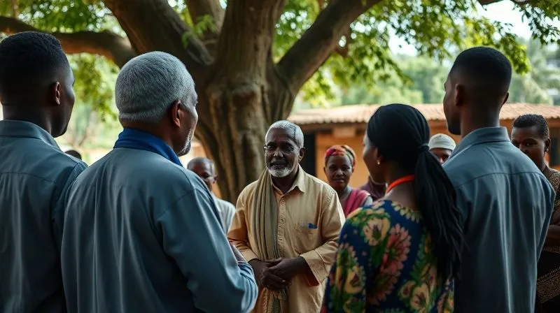 photorealistic, professional photography, 8K, cinematic lighting, sharp focus, depth of field, shot on a high-end DSLR, a charismatic local community leader (mid-40s, male or female, dressed in traditional yet professional attire) confidently addressing a group of attentive villagers and a few respectful international volunteers in an open-air setting, perhaps under a tree or in a community hall, symbolizing empowered local leadership and sustainable community development.