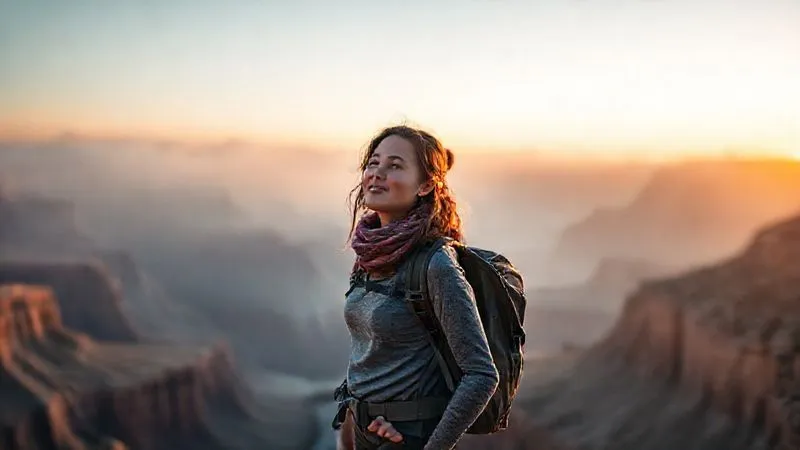 A photorealistic, professional photography shot of a solo female traveler (30s, diverse ethnicity) standing at the edge of a vast, misty canyon at dawn, looking out with a determined yet peaceful expression. She is wearing hiking gear. The sharp focus is on her, with the dramatic, awe-inspiring landscape blurred in the background. Cinematic lighting, depth of field, 8K hyper-detailed, shot on a high-end DSLR, conveying a sense of challenge overcome and personal strength.