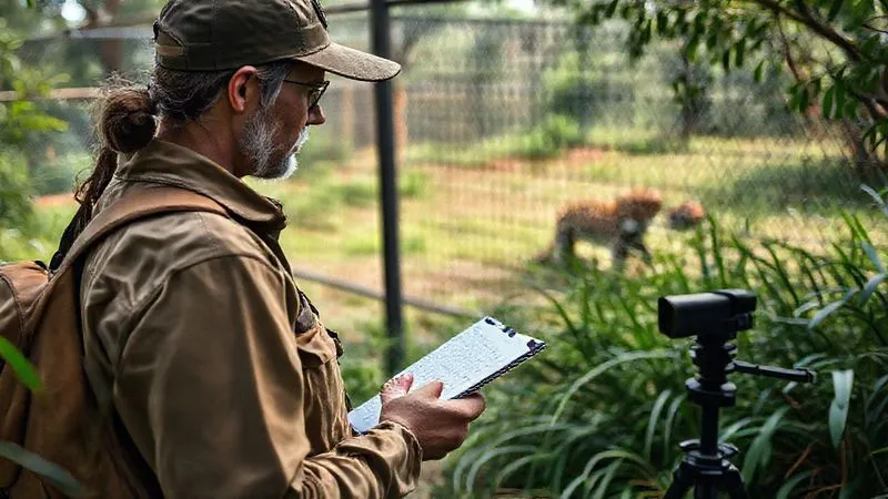 Photorealistic, professional photography, 8K, cinematic lighting, sharp focus, depth of field, shot on a high-end DSLR. An ecotourism specialist, wearing practical outdoor gear, attentively observing a spacious, naturalistic enclosure for rescued big cats, clipboard in hand, noting details of animal behavior and habitat enrichment. The scene shows lush vegetation and a hidden camera, symbolizing discreet monitoring.