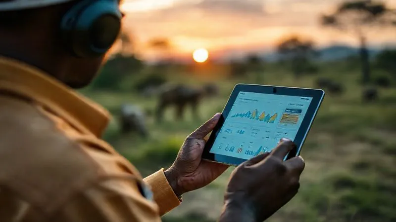 Photorealistic, professional photography, 8K, cinematic lighting, sharp focus, depth of field, shot on a high-end DSLR. An ecotourism professional reviewing data on a tablet, with a blurred background of a serene wildlife sanctuary at sunset, symbolizing ongoing monitoring and commitment to continuous improvement. The tablet screen shows graphs and metrics related to animal welfare.