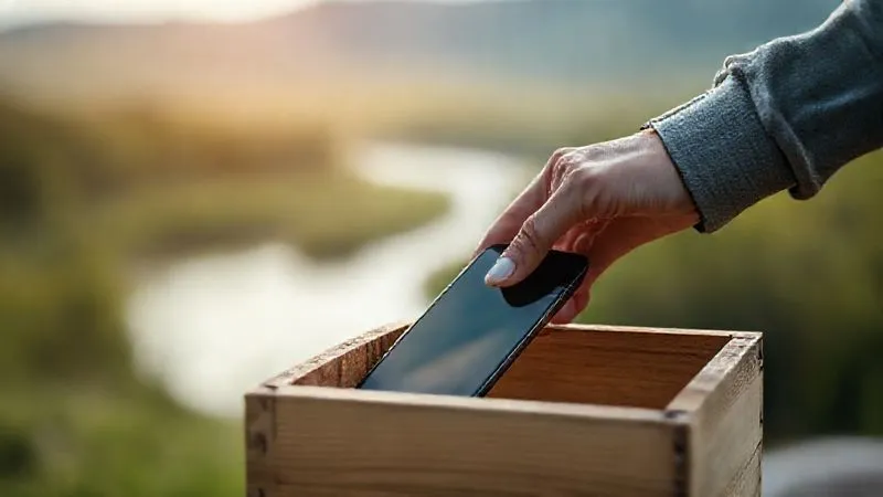 A photorealistic shot of a person's hands gently placing a smartphone into a wooden box, symbolizing a digital detox. The background is a blurred, serene natural landscape, 8K, cinematic lighting, sharp focus on the hands and box, depth of field, shot on a high-end DSLR.