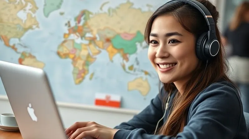 A photorealistic image of a young woman with headphones and a laptop, video calling with a native speaker for language practice. She is smiling and engaged, with a travel map subtly visible in the background. Professional photography, 8K, cinematic lighting, sharp focus on her face, depth of field blurring the background, shot on a high-end DSLR.