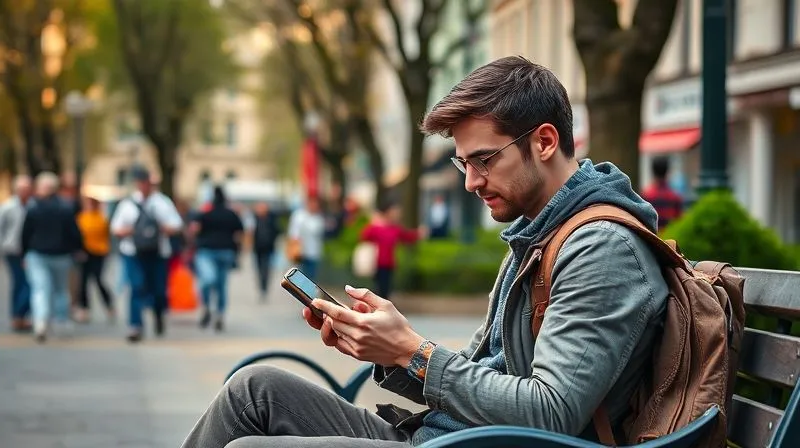 A photorealistic image of a traveler sitting on a park bench in a vibrant European city, looking at their smartphone with a language learning app open. They are surrounded by local architecture and people, suggesting active engagement with their environment. Professional photography, 8K, cinematic lighting, sharp focus on the smartphone and traveler, depth of field blurring the background, shot on a high-end DSLR.