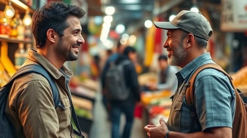 A photorealistic image of a traveler politely declining an offer to speak English, gesturing gently with a hand while smiling and attempting to speak in a foreign language with a local shopkeeper in a bustling market. Professional photography, 8K, cinematic lighting, sharp focus on the interaction, depth of field blurring the market background, shot on a high-end DSLR.
