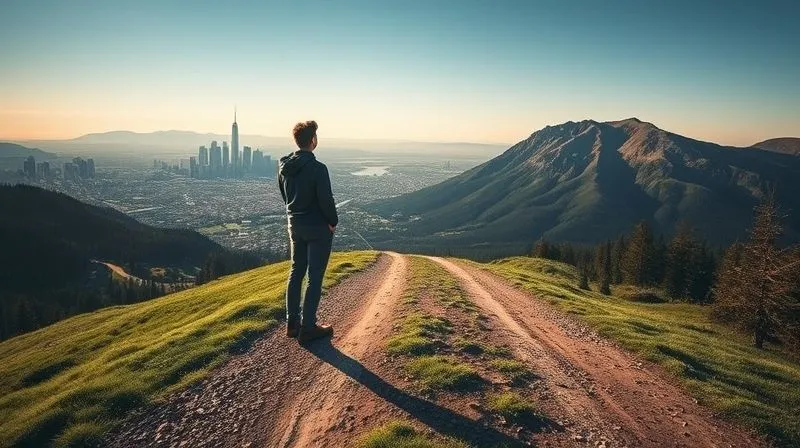 A photorealistic image of a person standing at a crossroads, one path leading to a bustling city skyline and another to a serene mountain trail, symbolizing a thoughtful career decision. Cinematic lighting, sharp focus, depth of field, 8K, professional photography, shot on a high-end DSLR.
