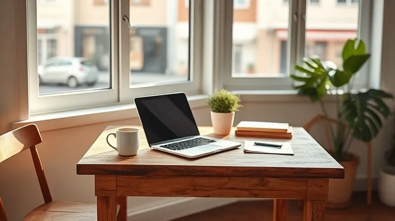 A photorealistic image of a minimalist yet functional digital nomad workspace set up on a rustic wooden table in a sunlit room, with a laptop, a cup of coffee, and a small plant. A window in the background reveals a glimpse of a vibrant, foreign city street. Professional photography, 8K, cinematic lighting, sharp focus, depth of field, shot on a high-end DSLR.