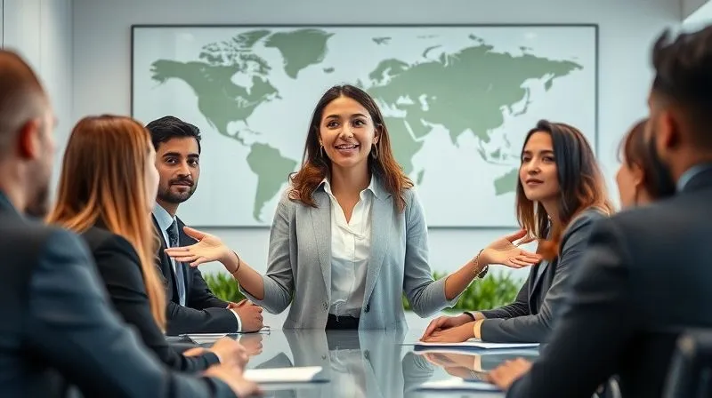 A photorealistic image of a professional woman in a modern office, confidently presenting to a diverse team, with subtle visual cues in the background (e.g., a world map or a piece of international art) hinting at her global perspective. Professional photography, 8K, cinematic lighting, sharp focus on the presenter, depth of field, shot on a high-end DSLR.