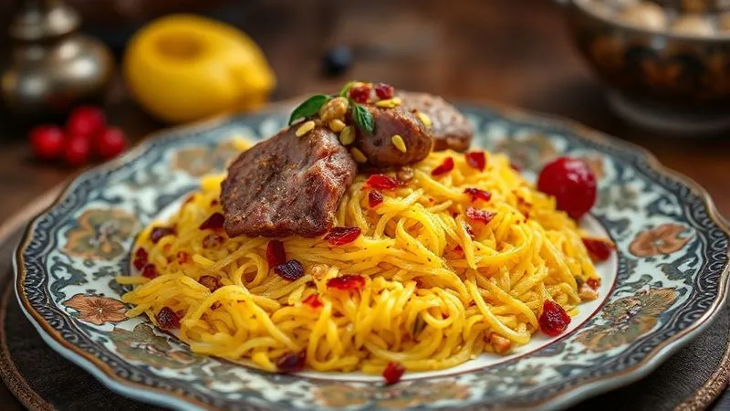 Photorealistic, professional photography, 8K, cinematic lighting, sharp focus, depth of field, shot on a high-end DSLR. A beautifully plated, vibrant saffron-infused Persian pilaf, garnished with pistachios, barberries, and tender lamb, steam gently rising, presented on an intricate historical ceramic plate, with a soft, warm background.