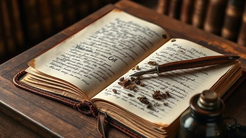 Photorealistic, professional photography, 8K, cinematic lighting, sharp focus, depth of field, shot on a high-end DSLR. An open, leather-bound culinary journal with handwritten notes, sketches of ancient spices, and dried herbs pressed between pages, alongside a quill pen and inkwell, bathed in warm, library-like lighting, evoking meticulous research and passion.