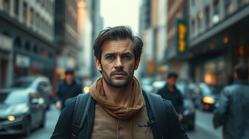 A photorealistic image of a solo traveler confidently walking away from a potentially suspicious situation in a foreign city, with a determined and assertive expression, cinematic lighting, sharp focus on the traveler's face, depth of field blurring the background details, 8K hyper-detailed.