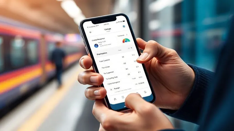 A photorealistic, professional photography, 8K, cinematic lighting, sharp focus, depth of field, shot on a high-end DSLR, showing a business professional using a sleek smartphone app to scan a train ticket receipt, with a digital expense dashboard visible on the screen, illustrating efficient real-time expense tracking and management.