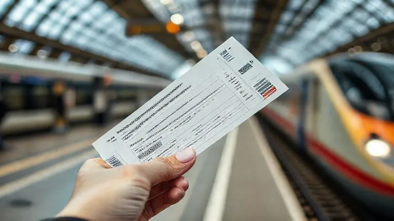 A photorealistic, professional photography, 8K, cinematic lighting, sharp focus, depth of field, shot on a high-end DSLR, showing a person's hand holding a train ticket and a business travel insurance policy document, with a blurred backdrop of a European train station, emphasizing preparedness for unforeseen events and financial protection.