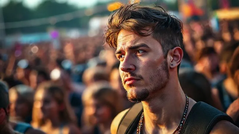 Photorealistic, professional photography, 8K, cinematic lighting, sharp focus on a festival-goer looking overwhelmed and tired in a chaotic, vibrant festival crowd, depth of field, shot on a high-end DSLR, late afternoon light.
