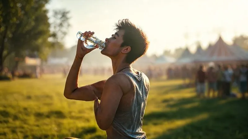 Photorealistic, professional photography, 8K, cinematic lighting, sharp focus on a person doing light stretches and drinking water in a calm, green area of a festival ground, early morning sunlight, depth of field, shot on a high-end DSLR.