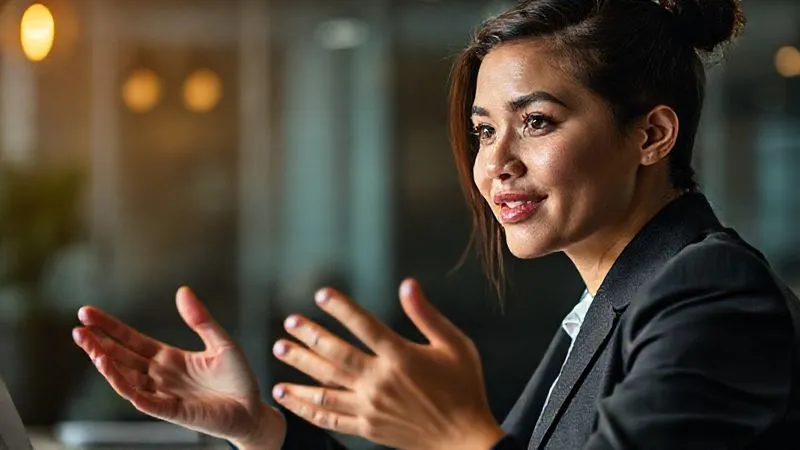 A photorealistic, professional photography, 8K, cinematic lighting, sharp focus, depth of field, shot on a high-end DSLR image of a confident young professional during a job interview, maintaining eye contact and gesturing articulately. The background is a modern, blurred office setting, with a subtle glow around her, emphasizing her presence and self-assurance. The mood is empowering and professional.