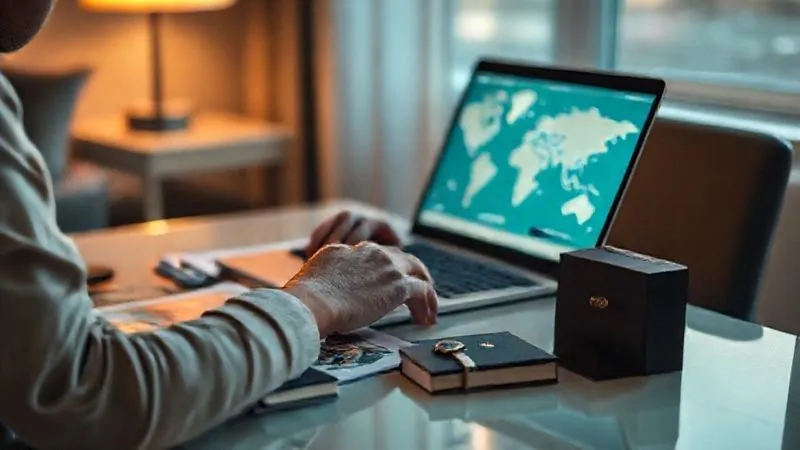 A person sitting at a desk, illuminated by the soft glow of a laptop screen, researching luxury brands and travel destinations. On the desk are travel guides, a passport, and a branded luxury item (e.g., a watch box), all in sharp focus. The background is slightly blurred, suggesting a cozy travel planning scene. Photorealistic, professional photography, 8K, cinematic lighting, sharp focus, depth of field, shot on a high-end DSLR.