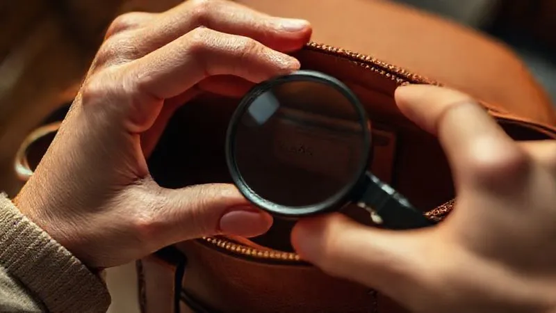 A close-up, photorealistic shot of a person's hands holding a luxury handbag and a magnifying glass, meticulously inspecting a small, embossed serial number on the bag's interior. The lighting is focused and warm, highlighting the texture of the leather and the precision of the engraving. Sharp focus on the details, depth of field blurring the rest of the bag. 8K hyper-detailed, professional photography, shot on a high-end DSLR.