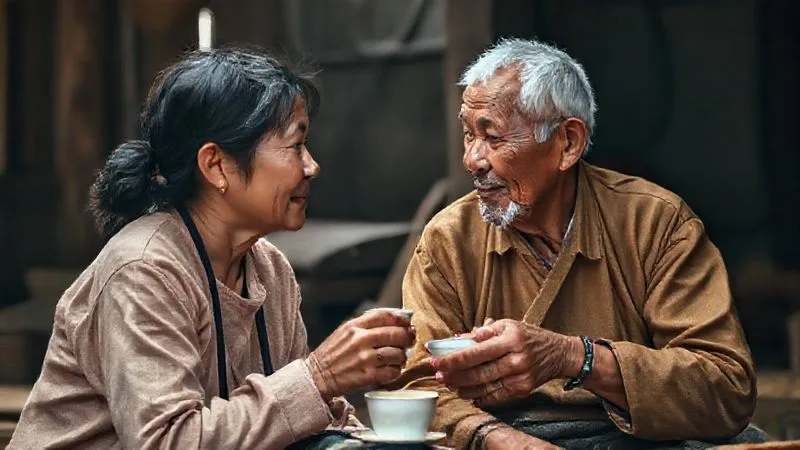 A photorealistic image of a volunteer and a local community member (e.g., an elder or a craftsperson) engaged in a deep, respectful conversation, perhaps sharing a cup of tea or working side-by-side on a traditional craft. Their body language should convey mutual respect and genuine interest, set in an authentic cultural environment, 8K, cinematic lighting, sharp focus on their faces, depth of field, shot on a high-end DSLR.