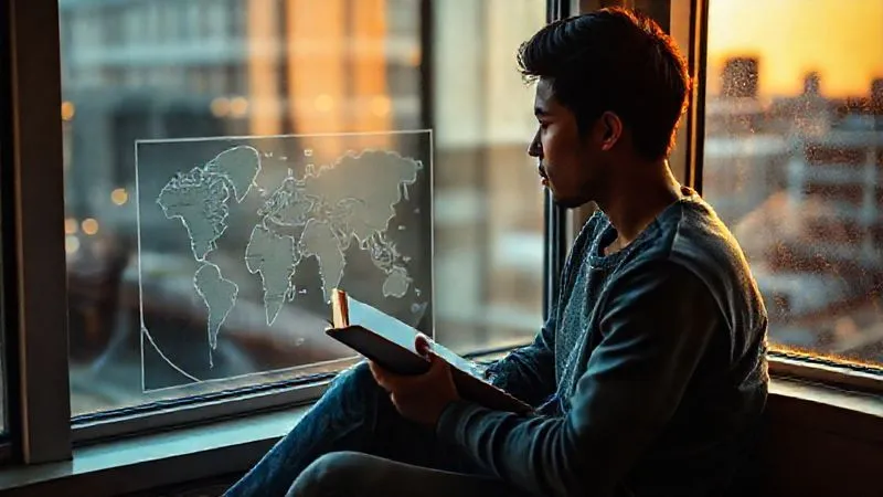 A photorealistic image of a person sitting thoughtfully by a window, perhaps looking at a world map or holding a journal, with warm, reflective light. The scene should convey introspection, learning, and a commitment to global citizenship, with a subtle hint of diverse cultural elements in the background, 8K, cinematic lighting, sharp focus on the person, depth of field, shot on a high-end DSLR.