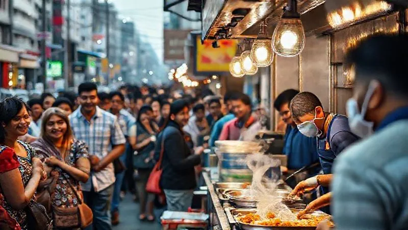 A photorealistic, professional photography, 8K, cinematic lighting, sharp focus, depth of field, shot on a high-end DSLR, showing a bustling street food stall in a vibrant city, with a queue of happy locals, and a clean, organized cooking area where a vendor is meticulously preparing food, highlighting hygiene amidst the activity.