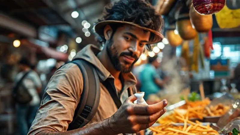 A photorealistic, professional photography, 8K, cinematic lighting, sharp focus, depth of field, shot on a high-end DSLR, depicting a traveler in an exotic street market, confidently applying hand sanitizer before picking up a piece of delicious-looking street food, emphasizing personal hygiene in a vibrant setting.