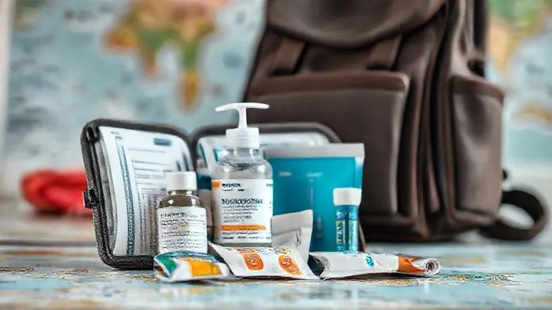 A photorealistic, professional photography, 8K, cinematic lighting, sharp focus, depth of field, shot on a high-end DSLR, showcasing a neatly organized travel health kit laid open, featuring hand sanitizer, a small bottle of probiotics, ORS packets, and other essential medications, against a blurred background of a travel backpack and map.